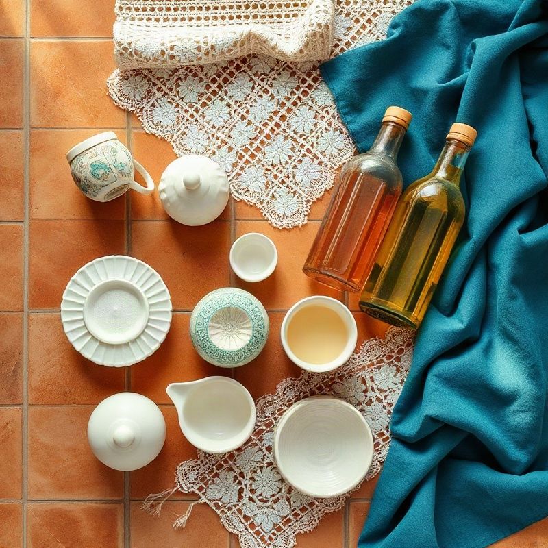 Composición de productos artesanos valencianos: cerámica, horchata y textiles