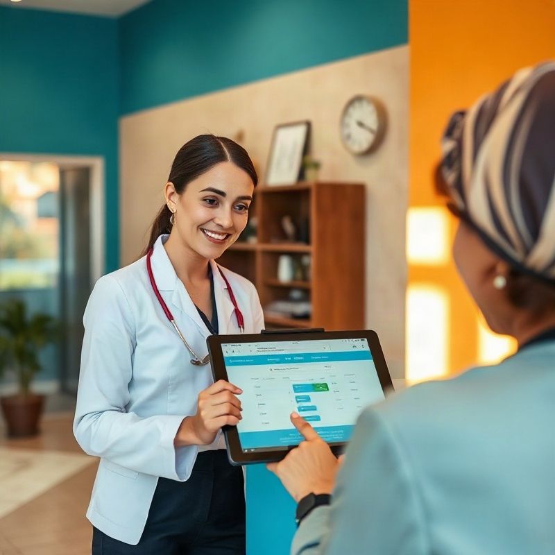 Recepcionista de una clínica mostrando la interfaz de reservas en un iPad