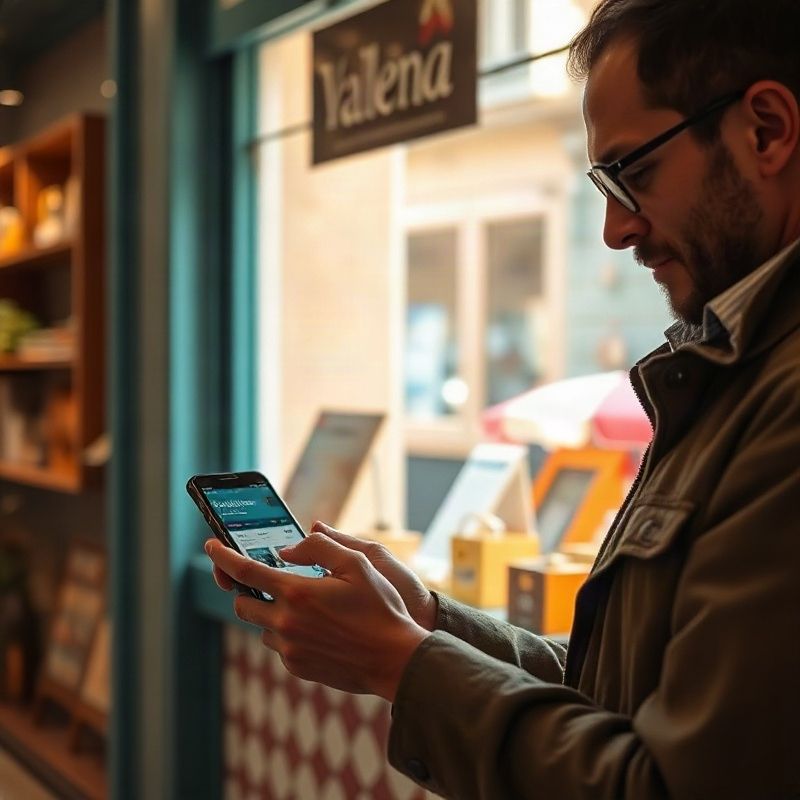 Propietaria de una tienda valenciana actualizando su ficha en el móvil